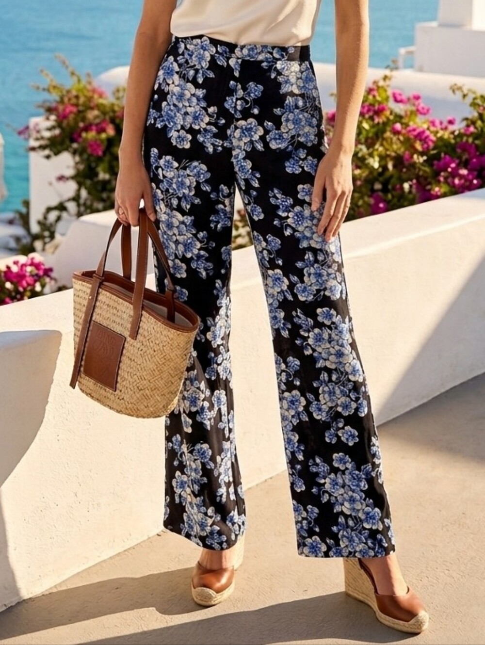 Reformation Blue Floral High Rise Wide Leg Pants Size 2